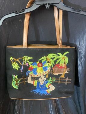 Hand-Embroidered Tropical Motif Tote Bag - Black
